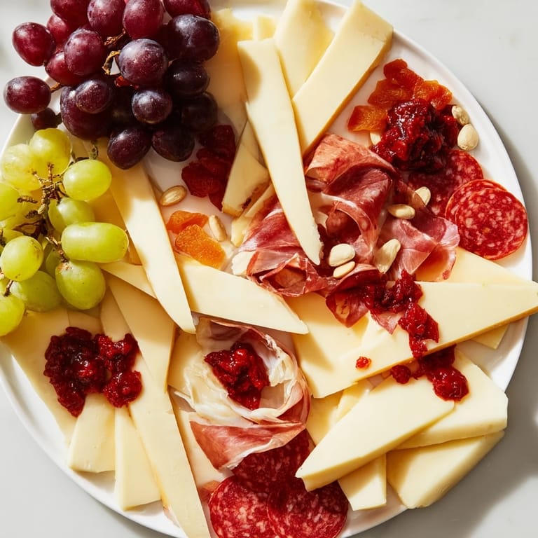 Eye-catching Geometric Gala features triangle-cut cheeses, meats, and crackers with grapes and fig jam.