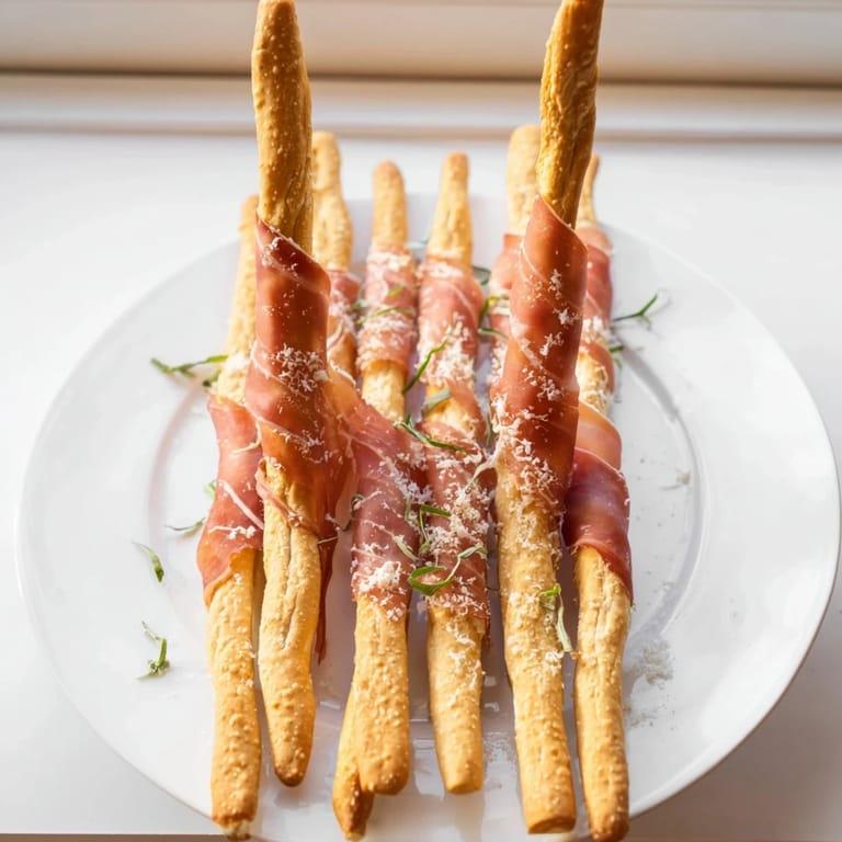 A vibrant close-up of the Golden Gate, savory prosciutto bridging crispy breadsticks, fantastic for parties.