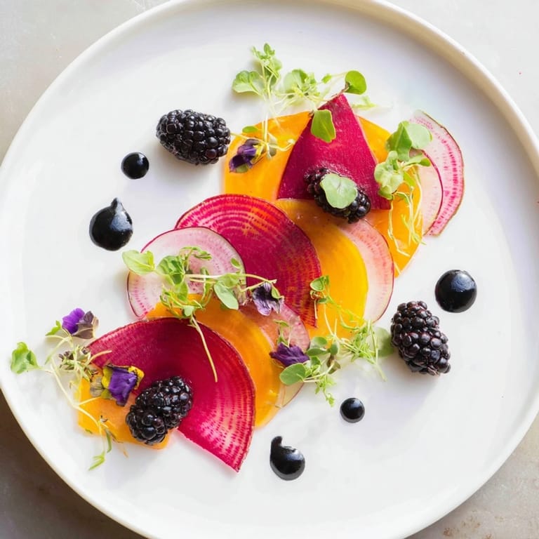Vibrant "The Shadow Play" recipe showcasing golden beets, arugula, and a black tahini shadow effect.