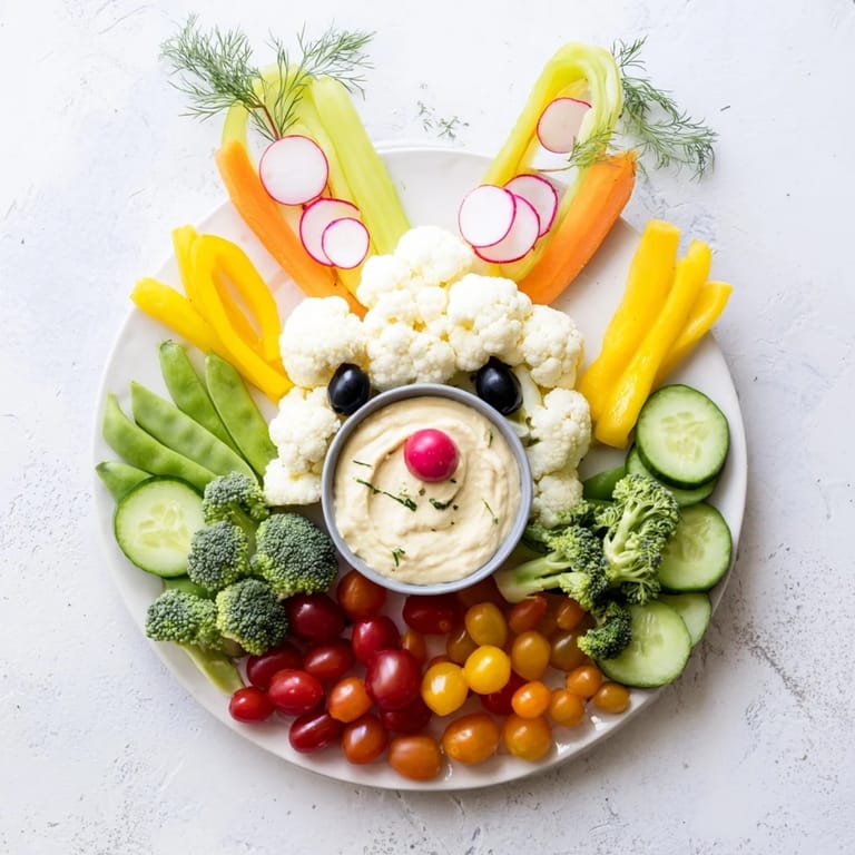 This festive Bunny Meadow Veggie Board features a delightful array of fresh vegetables arranged as a bunny.