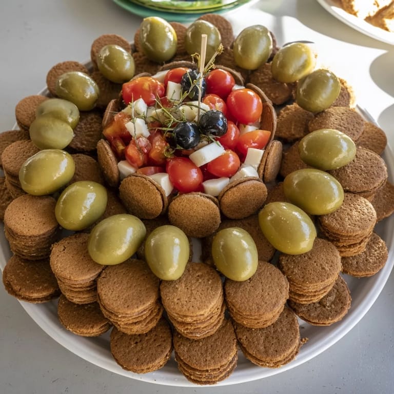 A close-up view of the playful Roman Colosseum snack platter with olives representing gladiators and crackers.