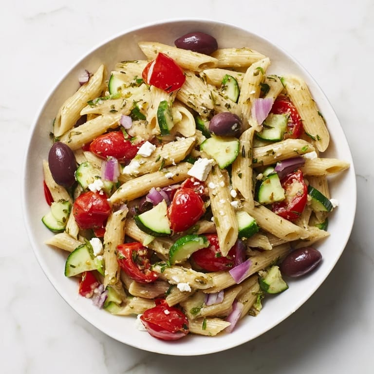 Colorful Mediterranean pasta salad with chickpeas, brightened by a zesty olive oil dressing and herbs.