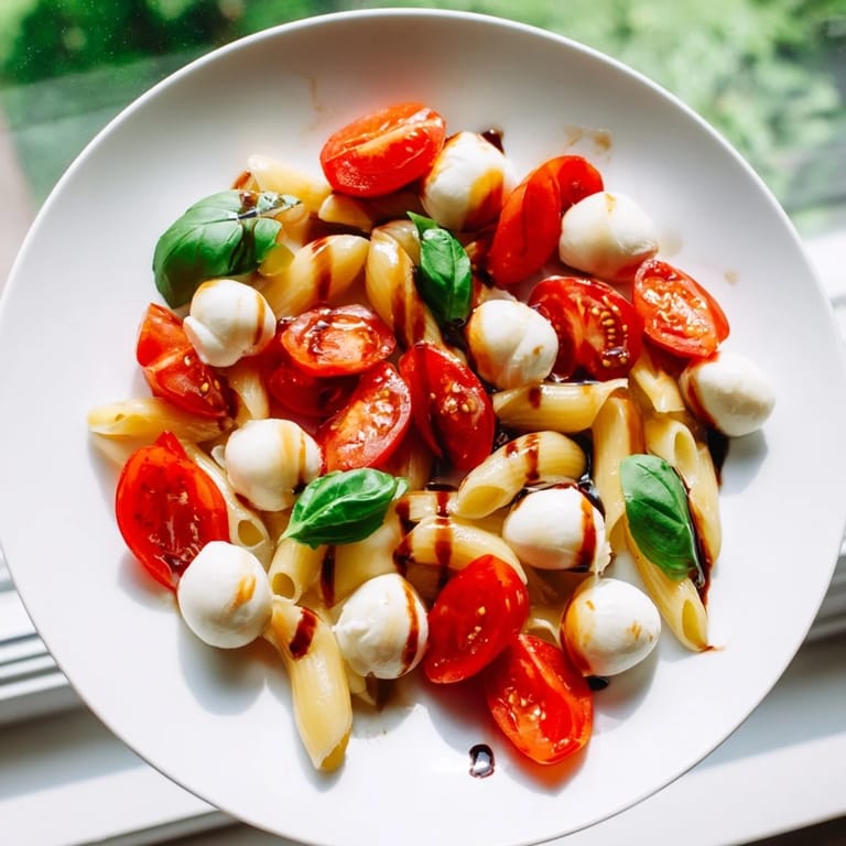 Close-up of Caprese Pasta Salad: a refreshing Italian salad with pasta, mozzarella, and basil.