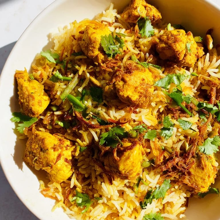 Aromatic Easy Chicken Biryani: imagine fluffy basmati rice studded with chicken and flavorful herbs.