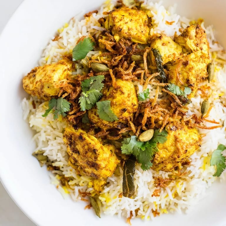 Golden-hued Easy Chicken Biryani, served with fresh cilantro and a lemon wedge for vibrant flavor.