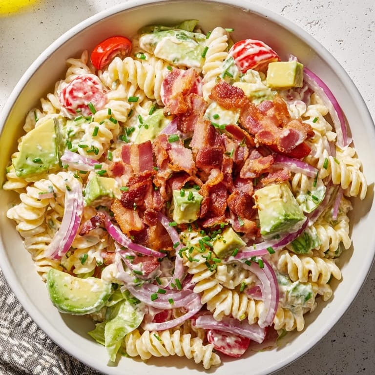 Imagine this: a refreshing bowl of BLT Pasta Salad, featuring crunchy bacon and fresh herbs.