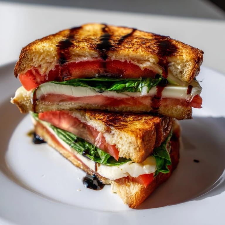Enjoy the comforting flavors of this Italian-American Caprese Salad Grilled Cheese, oozing with cheese.