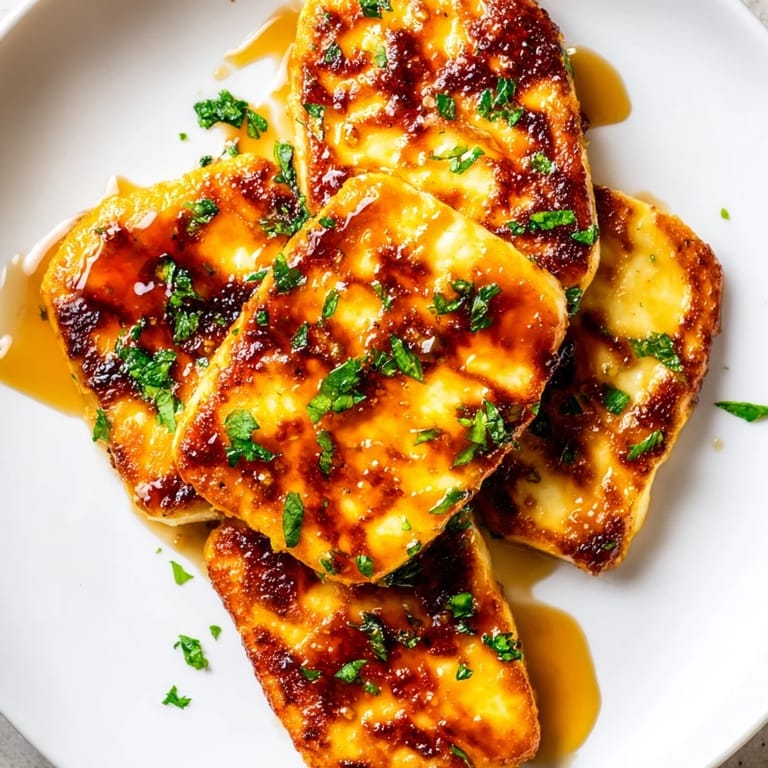 Sizzling, golden-brown fried halloumi cheese topped with tangy hot honey, a perfect quick Hot Honey Halloumi recipe.