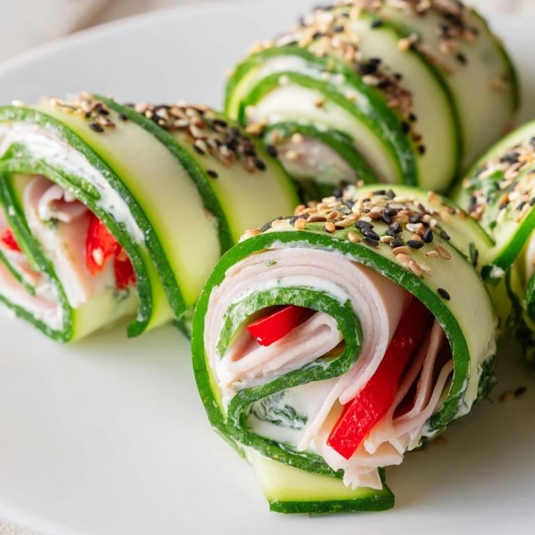 Close-up of low-carb cucumber roll-ups: a healthy appetizer with vibrant fresh ingredients inside.