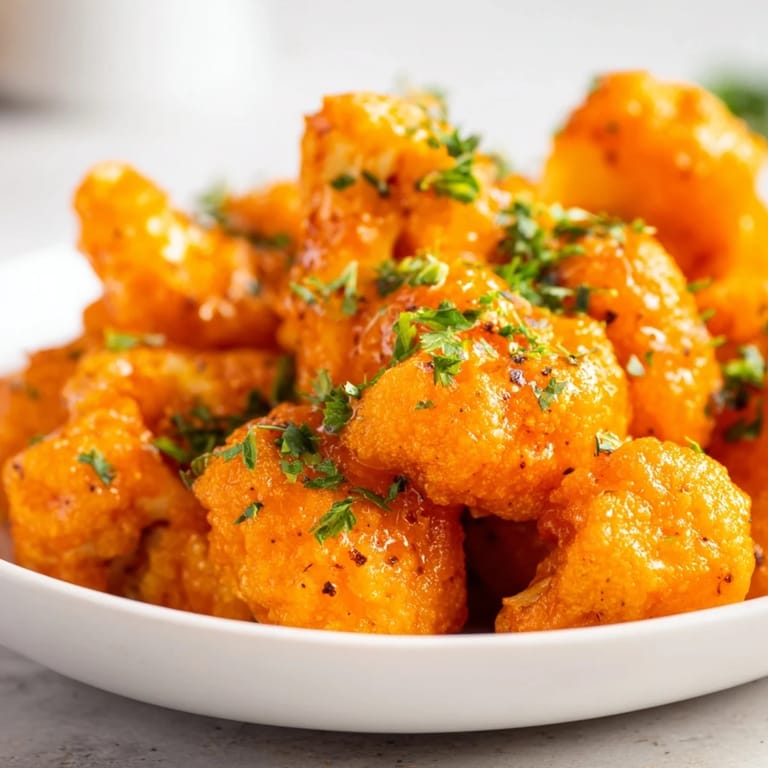 A platter overflowing with irresistible, smoky Buffalo Cauliflower Bites, served with cool vegan dip.