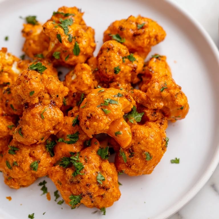 Close-up of baked Buffalo Cauliflower Bites, glistening with sauce and perfect for game day appetizers.
