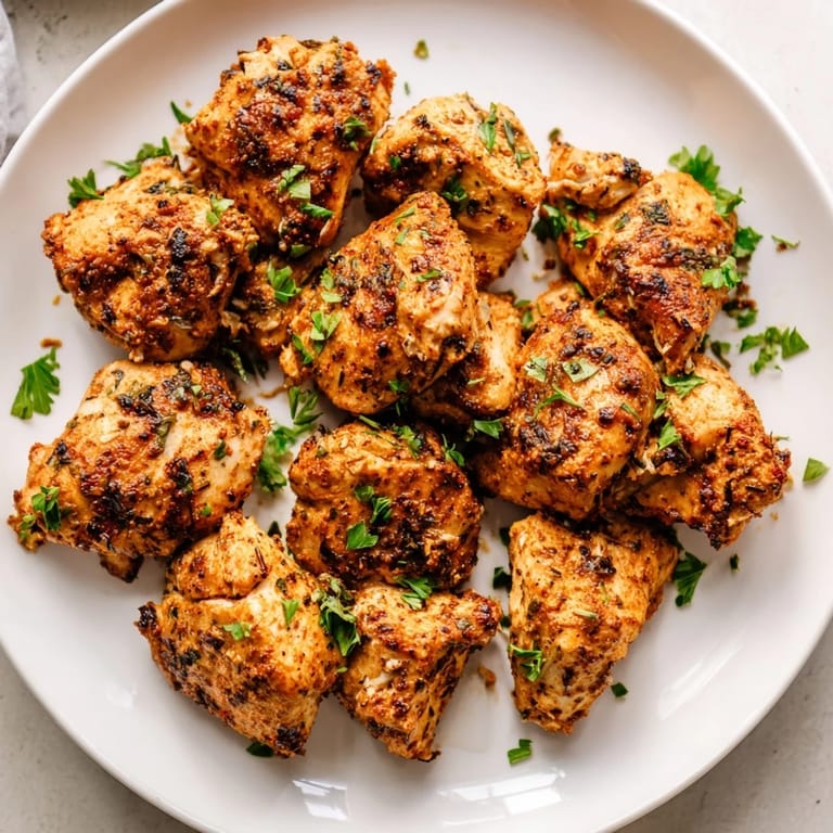 A close-up of flavorful Greek yogurt chicken, glistening slightly, hinting at the savory spices and herbs.