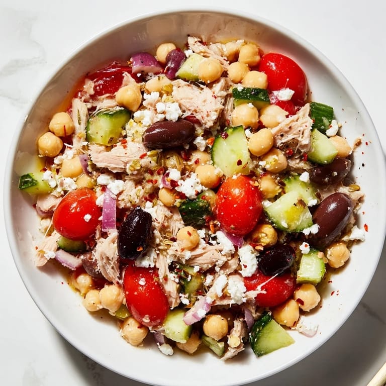 Fresh, flavorful tuna chickpea salad: imagine the bright red tomatoes and fresh parsley mixed with tuna.