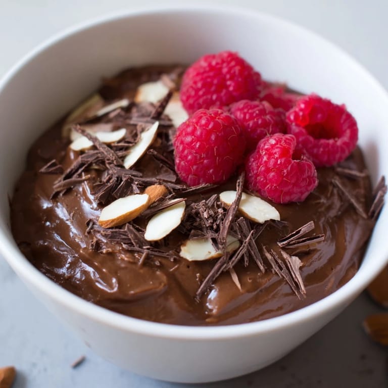 A close-up of creamy Chocolate Avocado Mousse, garnished with dark chocolate shavings and nuts.