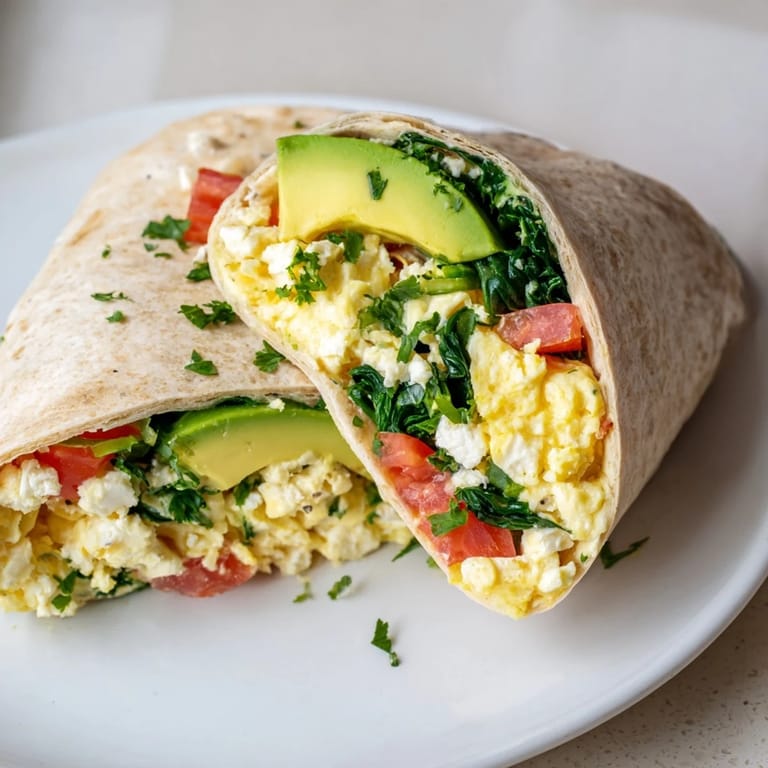 A close-up view displaying a savory Feta Egg Wrap, packed with creamy feta and fresh tomatoes.