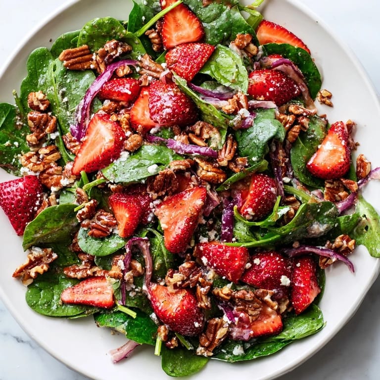 Close-up of a delightful strawberry spinach salad, showcasing sweet berries and crunchy pecans.