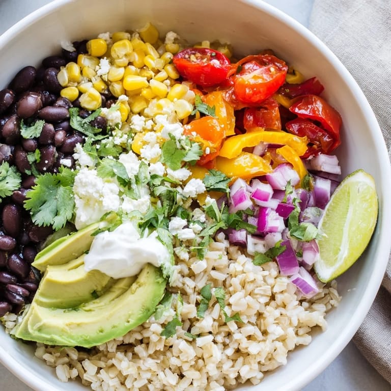 Serving suggestion for a Brown Rice Burrito Bowl with cherry tomatoes, red onion, and a spoonful of spicy black beans over brown rice.
