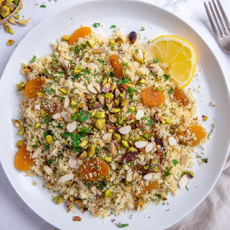 Golden couscous pilaf spiced with turmeric and cinnamon, dotted with dried fruits, toasted nuts, and fresh parsley for vibrant color.