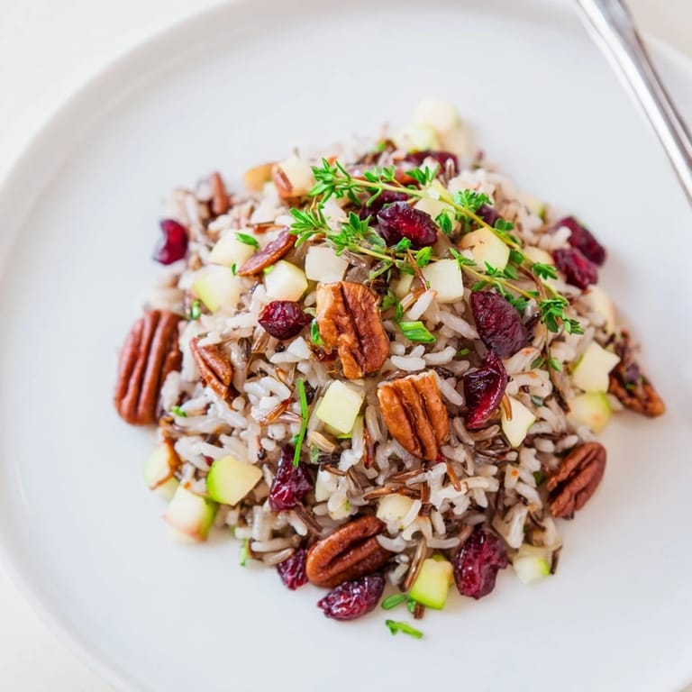 Savory Wild Rice Harvest Salad tossed with fresh herbs, apple slices, and a glistening apple cider vinaigrette.
