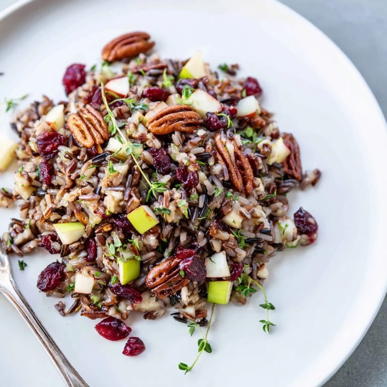 Hearty Wild Rice Harvest Salad served chilled, ready for a festive fall dinner or a nutritious packed lunch.