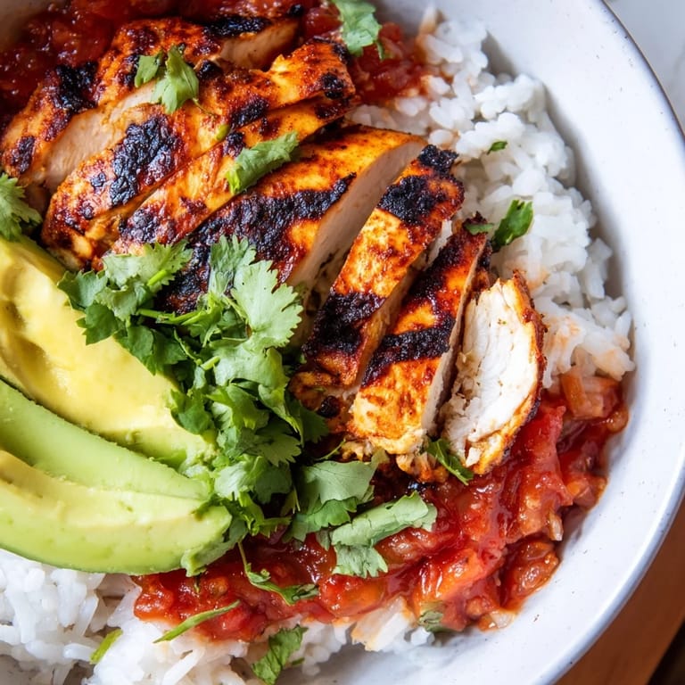 Close-up of a Spicy Chicken Burrito Bowl topped with melted cheese, fresh cilantro, and lime wedges.