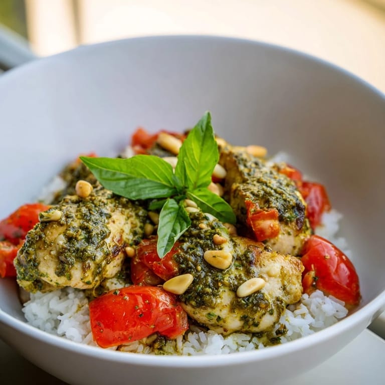 A close-up view of a Chicken Pesto Rice Bowl, featuring savory pesto chicken, fluffy rice, and bright tomatoes for a balanced meal.