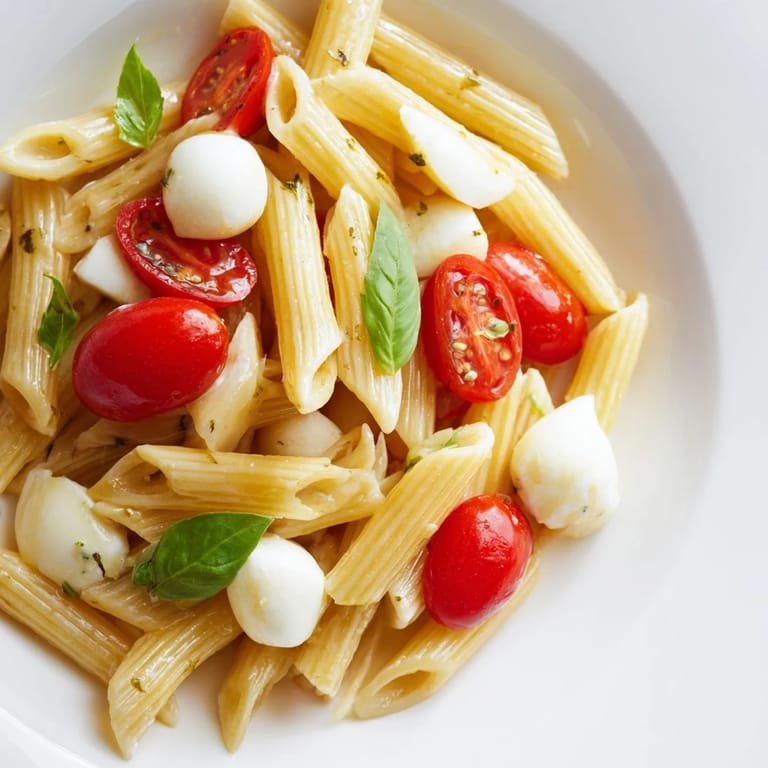 A vibrant vegetarian pasta salad drizzled with olive oil and balsamic glaze, perfect for summer picnics or light lunches.  