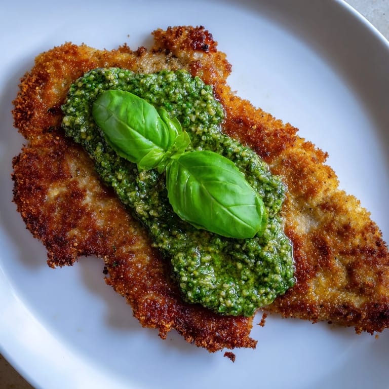 Succulent Crispy Pesto Chicken Cutlets feature a crunchy Parmesan crust, ready to be served with a dollop of fresh pesto.