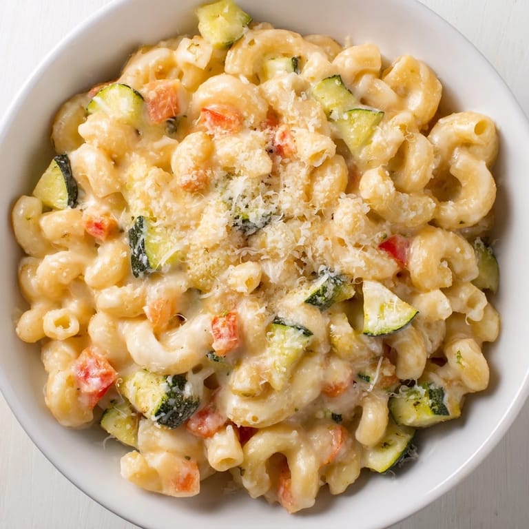 Golden roasted cherry tomatoes and red onion add vibrant color and caramelized flavor to a comforting bowl of homemade Roasted Veggie Mac & Cheese.