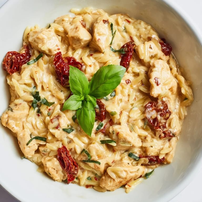 A rustic skillet of Tuscan Chicken Orzo featuring tender chicken, sun-dried tomatoes, and wilted spinach for a savory meal.