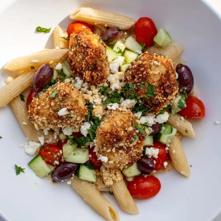 A vibrant Mediterranean pasta salad features crunchy breaded chicken, tender short noodles, and a zesty red wine vinaigrette for a refreshing main course.