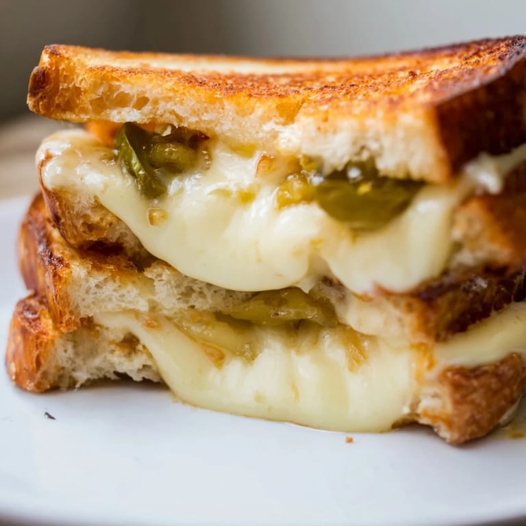 Two halves of a Jalapeño Pepper Jack Grilled Cheese resting beside a bowl of creamy tomato soup, ready for dipping.