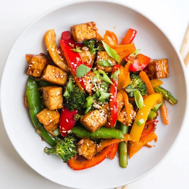 Close-up of sizzling Vegetable Tempeh Stir-Fry in a wok, with minced garlic and ginger infusing the fresh, crisp, colorful vegetables.