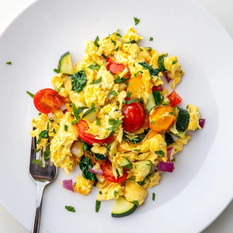 Colorful egg and vegetable scramble garnished with fresh herbs, ideal for a quick, healthy brunch or breakfast.