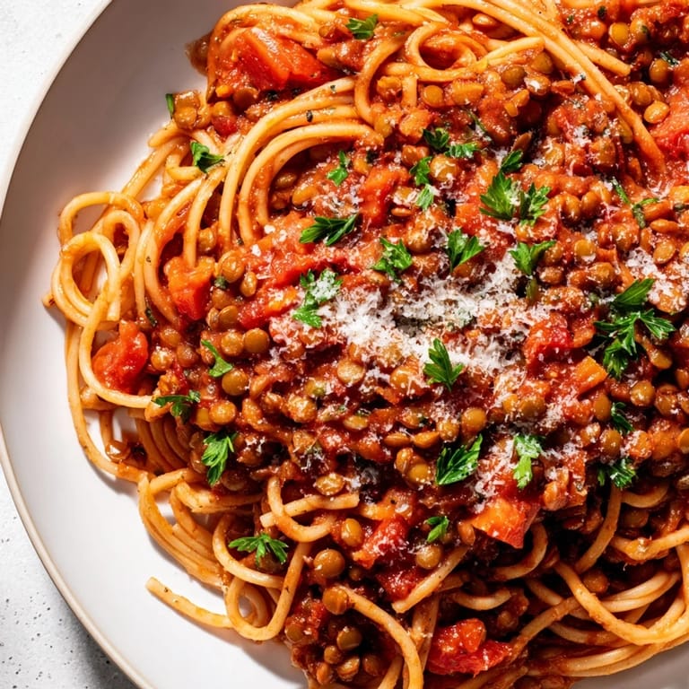 Thick, hearty Lentil Bolognese simmered in a pot with carrots and onions, ready to be served over pasta.