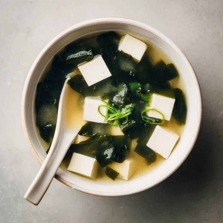 A steaming bowl of Miso Soup With Tofu, featuring fragrant scallions and soft seaweed, ready to be enjoyed as a light meal.
