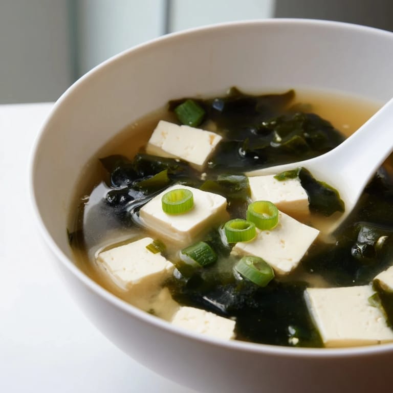 Up-close view of delicate tofu and rehydrated wakame seaweed in a comforting Miso Soup With Tofu, highlighting its gentle, umami broth.