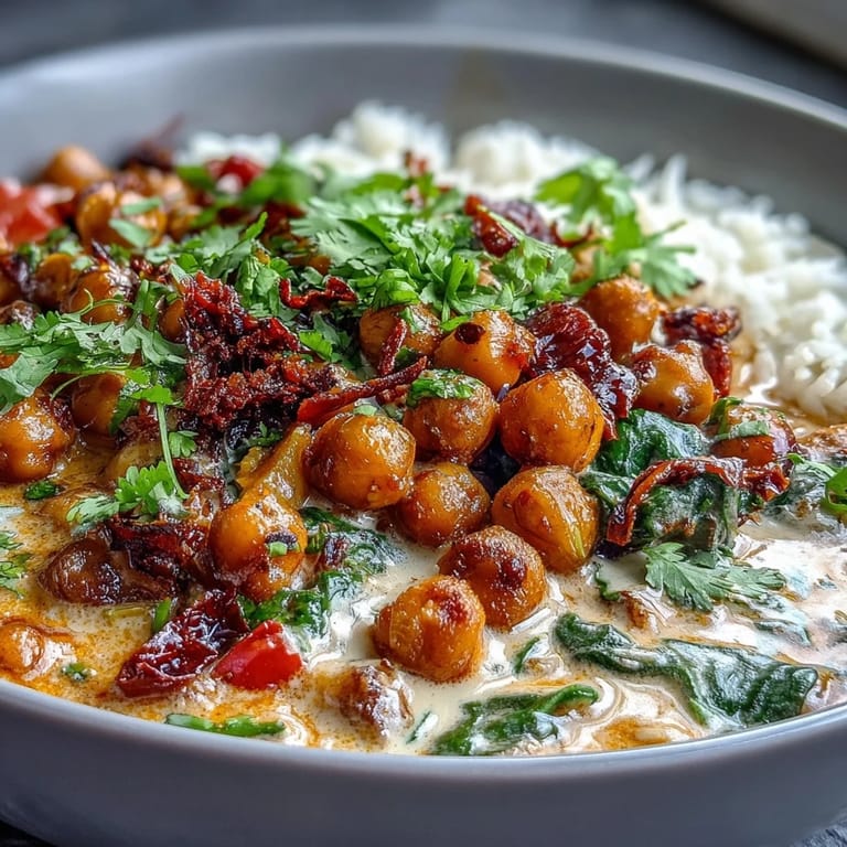 Velvety plant-based Chickpea Curry, bright with lime and fresh cilantro garnish.