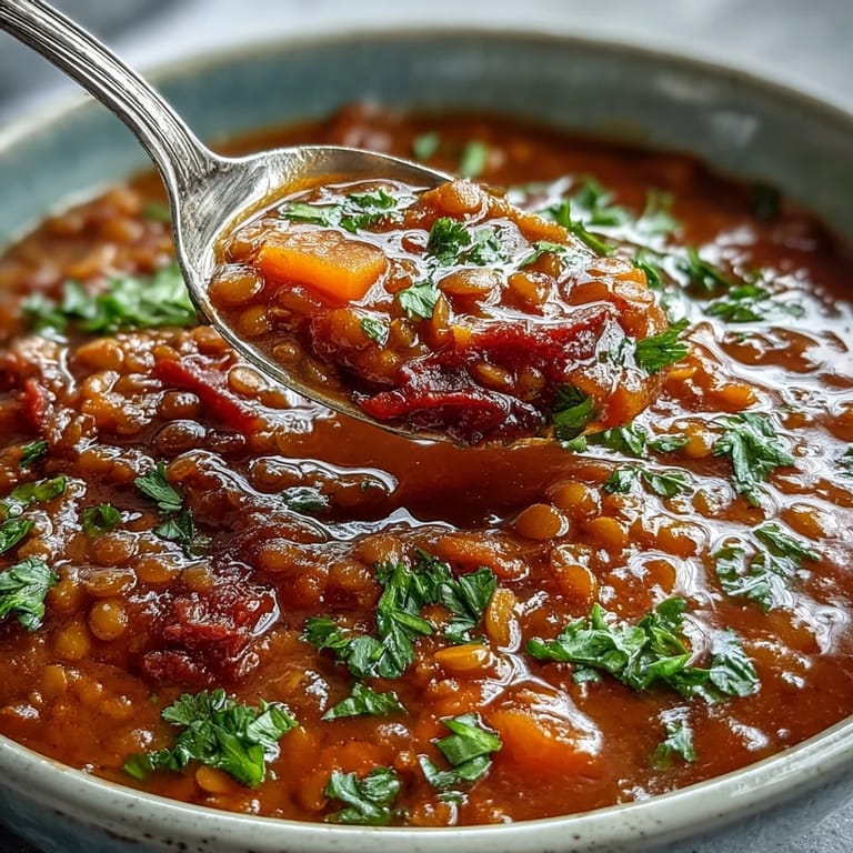 A close-up of vibrant Tomato Lentil Soup with rustic bread for dipping, Mediterranean spices visible.
