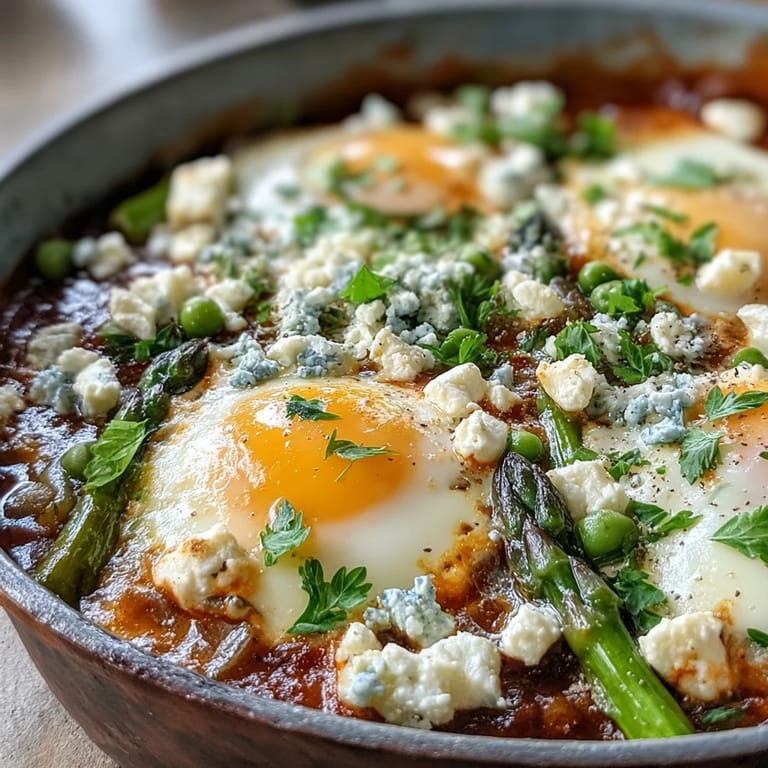 A cast-iron skillet holds bubbling Pea and Broad Bean Shakshuka, topped with crumbled feta and fresh parsley.