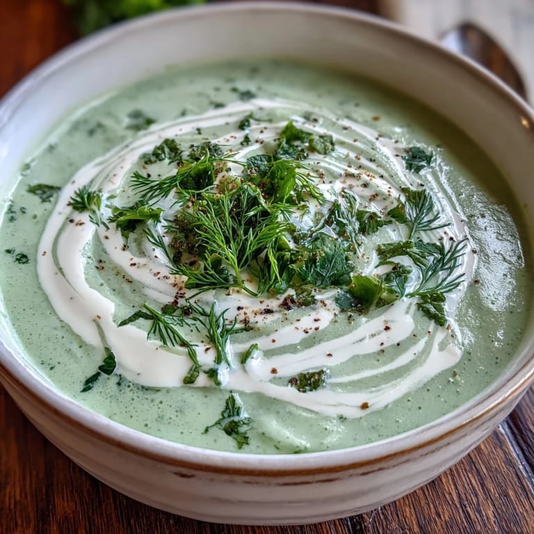A silky smooth bowl of Creamy Celery and Herb Soup swirled with heavy cream, steaming next to rustic bread. 