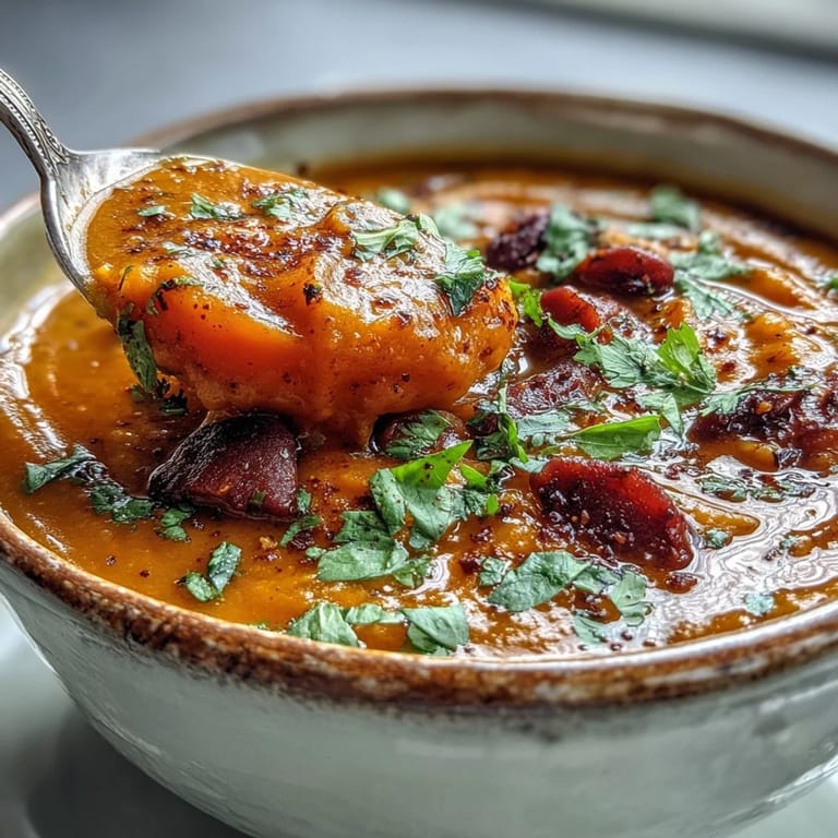 Healthy Sweet Potato and Black Bean Soup served hot in a rustic bowl with sliced avocado.