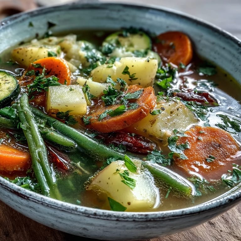Ladle scooping up hearty Potato and Vegetable Soup brimming with tender potatoes, carrots, and green beans.