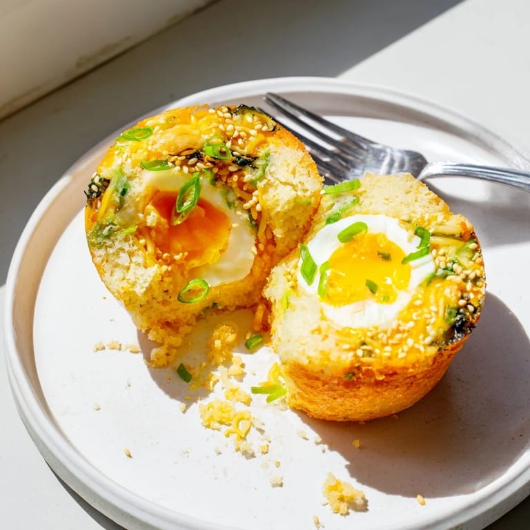 Golden muffins bursting with umami flavors and soft-boiled ramen eggs inside.