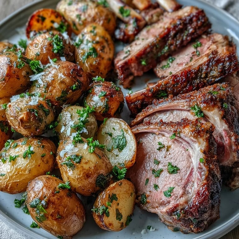 Rustic one-pan dinner for two: succulent lamb with rosemary and crispy baby potatoes topped with bright green olive and lemon zest garnish.