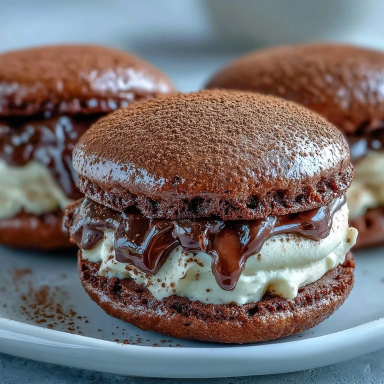 A cross-section reveals the soft chocolate cookie and creamy coffee mascarpone filling in a Tiramisu Whoopie Pie.