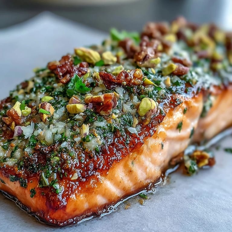 A golden-brown tahini and pistachio crust sits atop tender, oil-poached Confit Salmon With Tahini, Pistachio and Herb Crust on a plate.