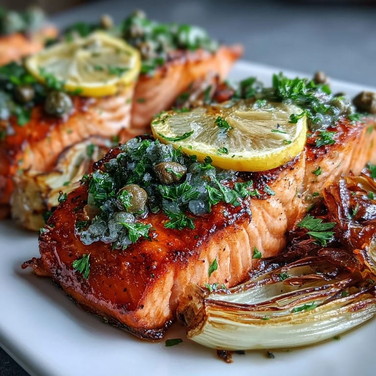 Flaky, tender salmon rests on a bed of roasted vegetables, garnished with zesty parsley dressing on a rustic platter.