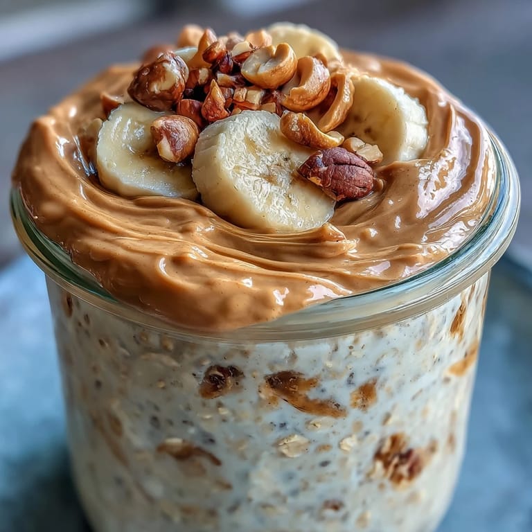 This jar of peanut butter overnight oats is topped with sliced banana and chopped nuts.