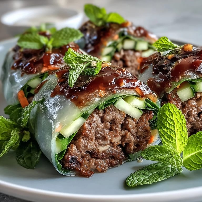 Homemade Thai basil beef rolls filled with savory beef, fresh lime, and crunchy veggies, sliced to show colorful layers.